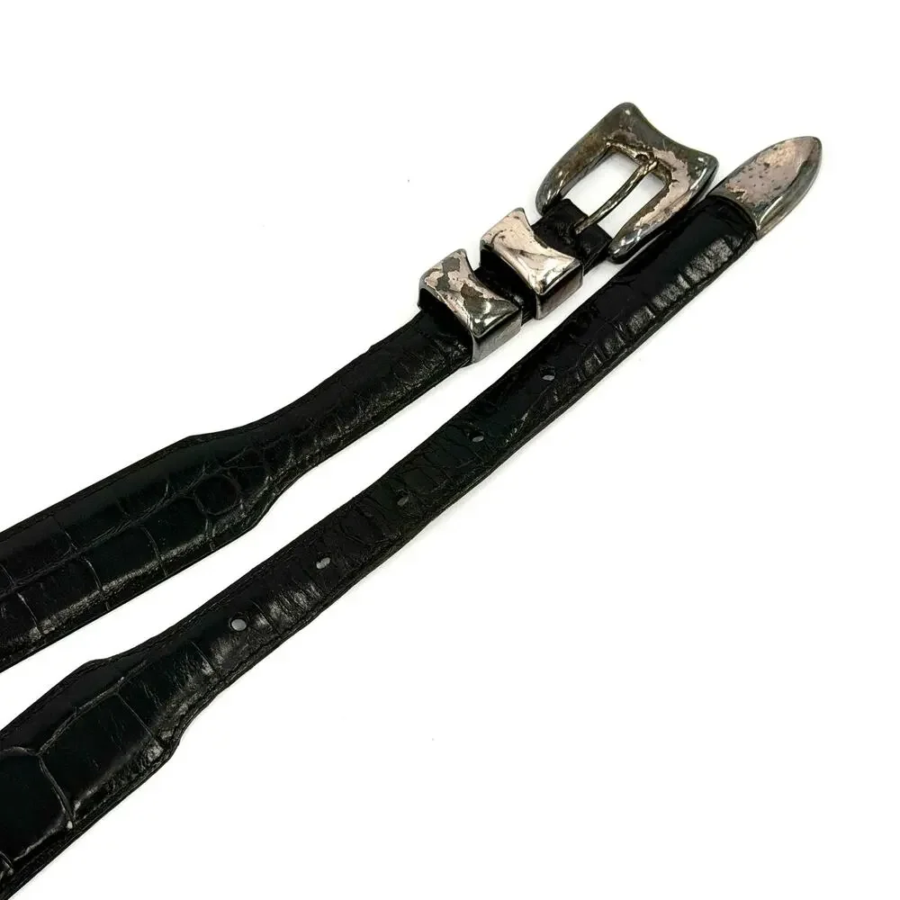 Vintage 90s Black Genuine Leather Croc Embossed Silver Tipped Belt